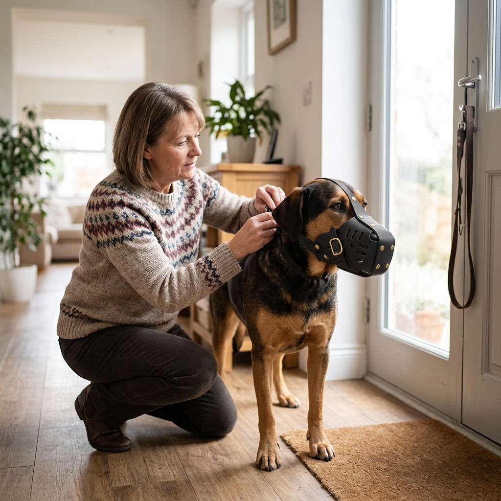proprietaire ajustant la muselière pour chien avant la sortie