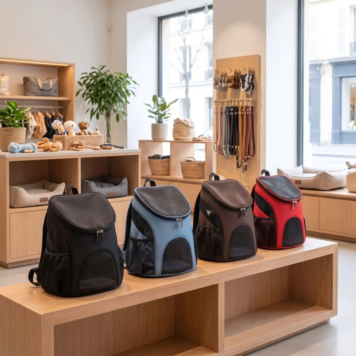 quatre couleurs disponibles sac à dos chien dans boutique