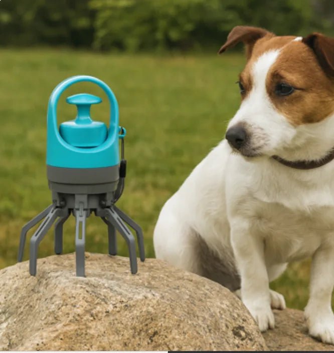 rocky vise ramasse crotte chien turquoise sur rocher