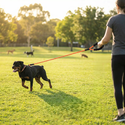 rottweiler en liberte controlee avec longe pour chien