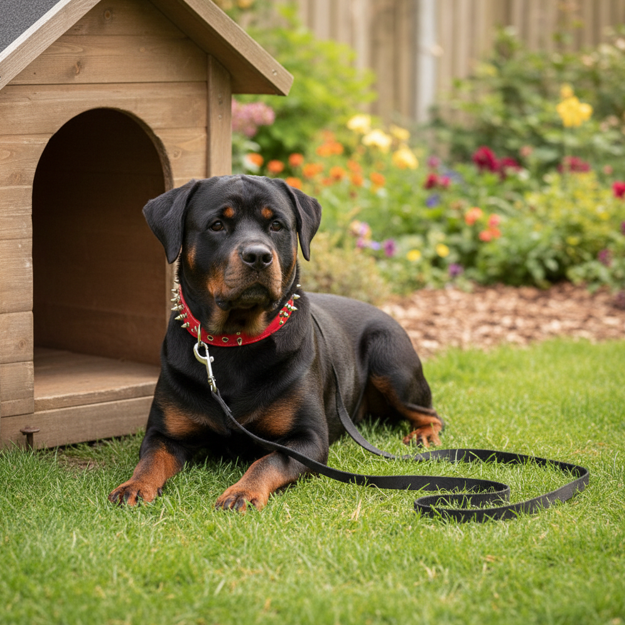 rottweiller assis niche collier chien clouté cuir rouge