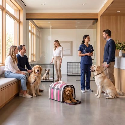 sac de transport pour chien en salle d’attente vétérinaire