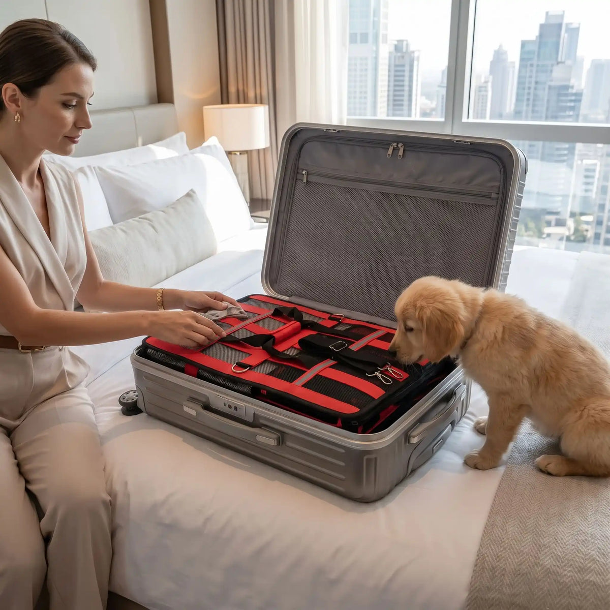 sac de transport pour chien rouge plié en valise
