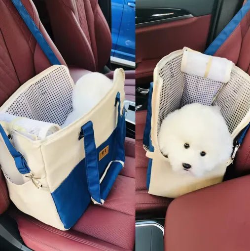 sac transport chien bicolore sur fauteuil voiture