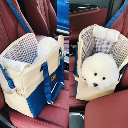 sac transport chien bicolore sur fauteuil voiture