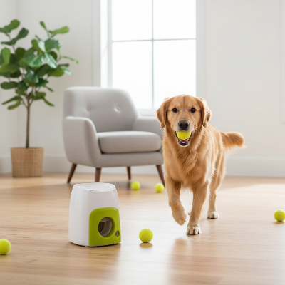 salon golden occupe par lanceur de balle pour chien