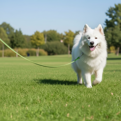 samoyede blanc promene gazon avec laisse pour chien reflechissante