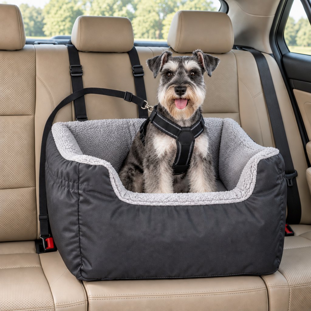 schnauzer attaché dans siège auto pour chiens gris