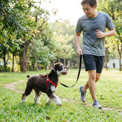 schnauzer porte harnais en Y pour chien accompagne maitre dans parc