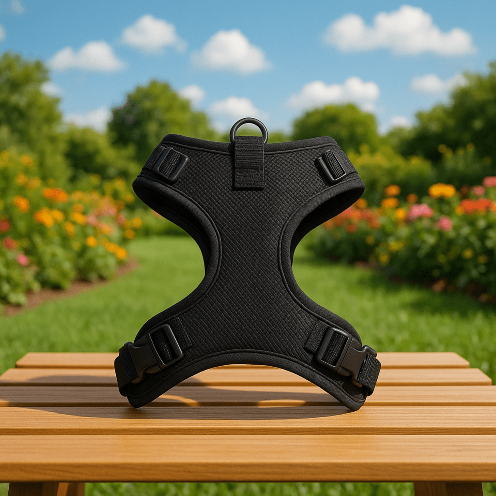 sur banc harnais pour chien noir a lenvers