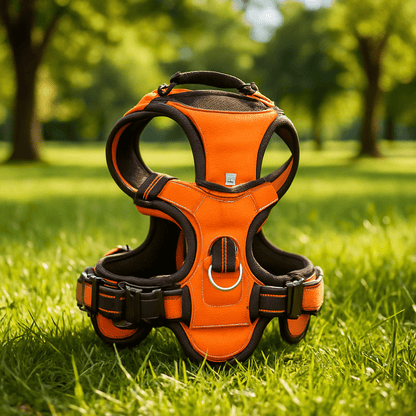 sur pelouse se trouve harnais pour chien orange