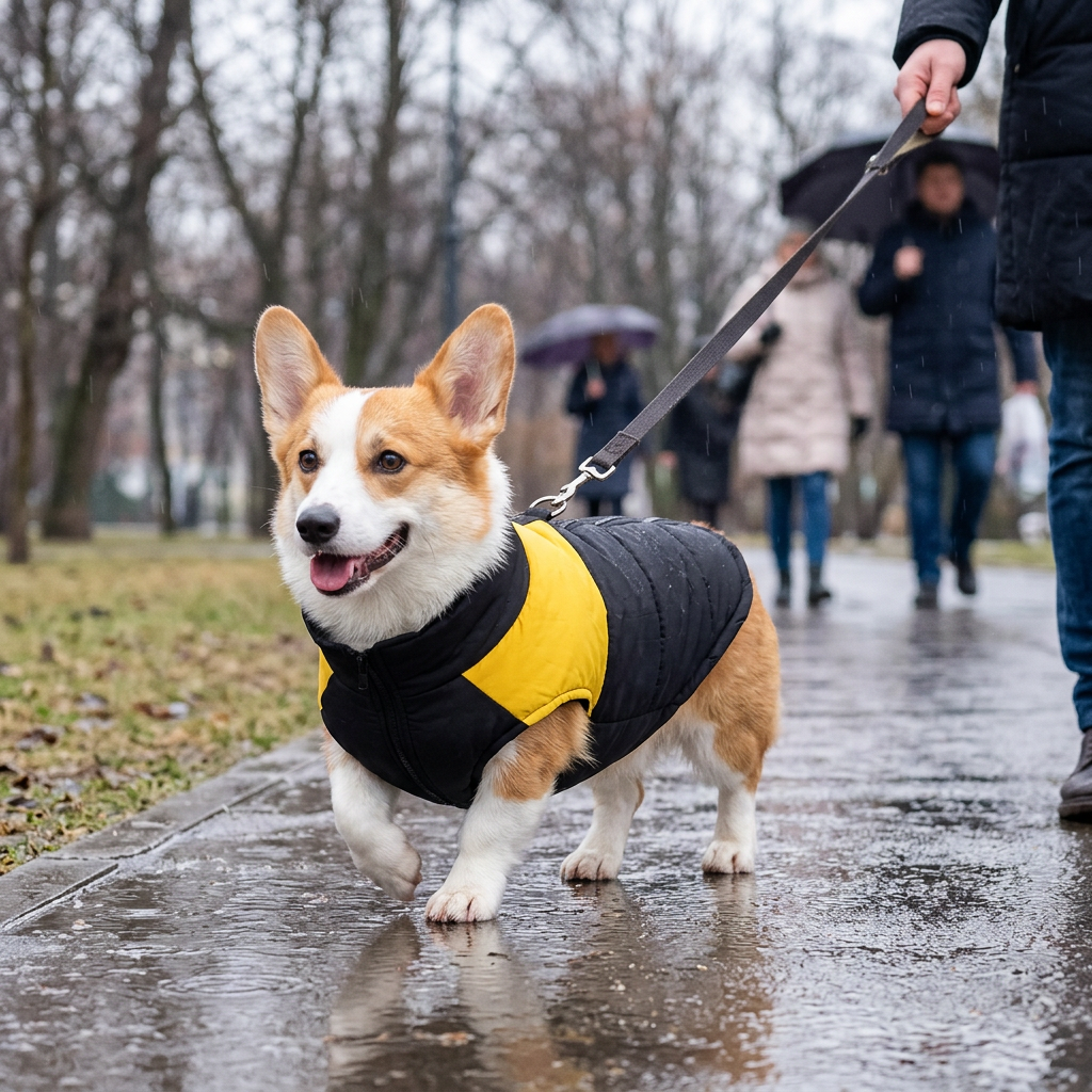 sur sol mouillé corgi en manteau chien hiver jaune 