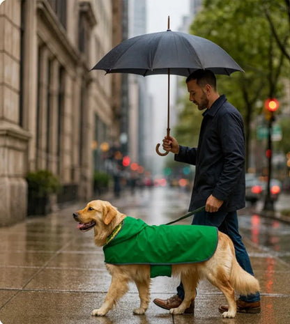 sur trottoir golden retriever vetu manteau chien vert
