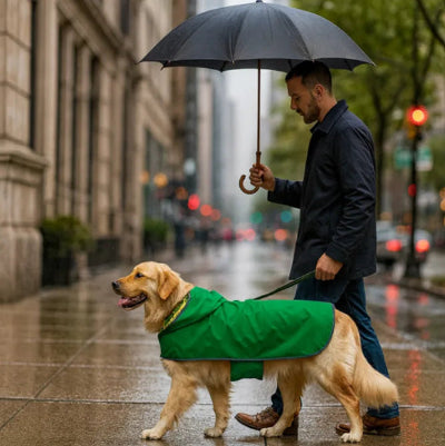 sur trottoir golden vetu manteau chien vert