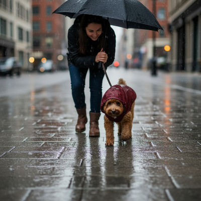 sur trottoir sous pluie caniche porte manteau chien impermeable