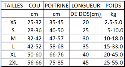 tableau tailles mesure gilet de sauvetage chien