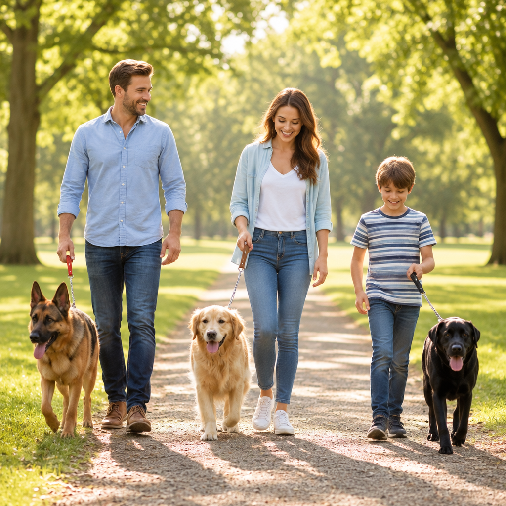trois chiens promenés avec une laisse en chaîne métallique