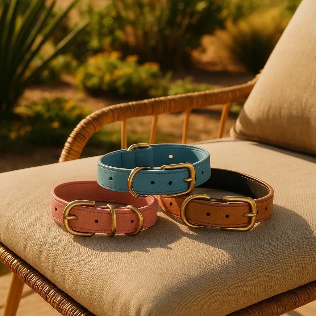 trois colliers chien bleu maron rose sur chaise