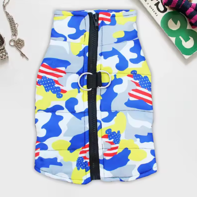  veste bleu jaune camouflage manteau chien anneau metal