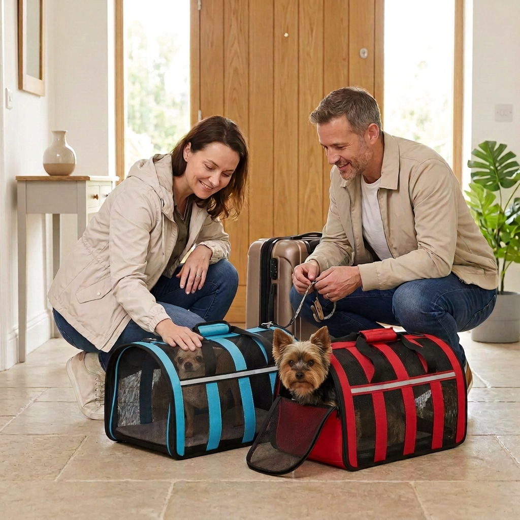 Yorkshire dans le sac rouge et Chihuahua dans le sac bleu avec leurs maîtres